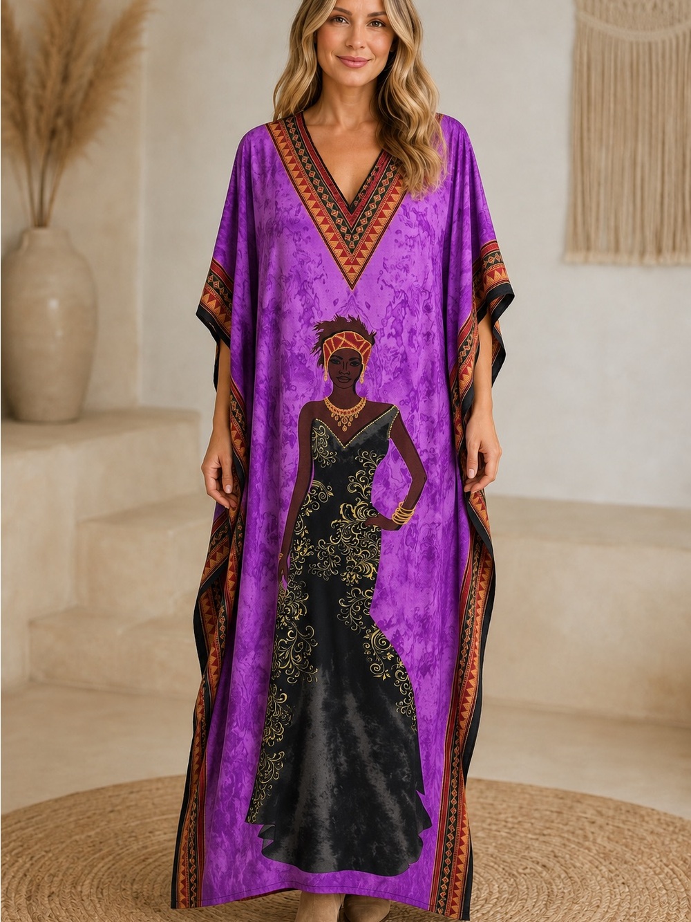 Vibrant Purple Ethnic Print Maxi Caftan Dress